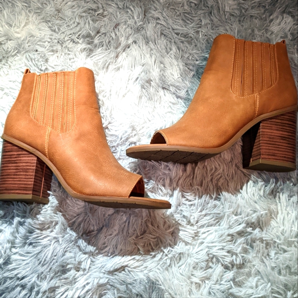 BC Vegan tan peep toe booties